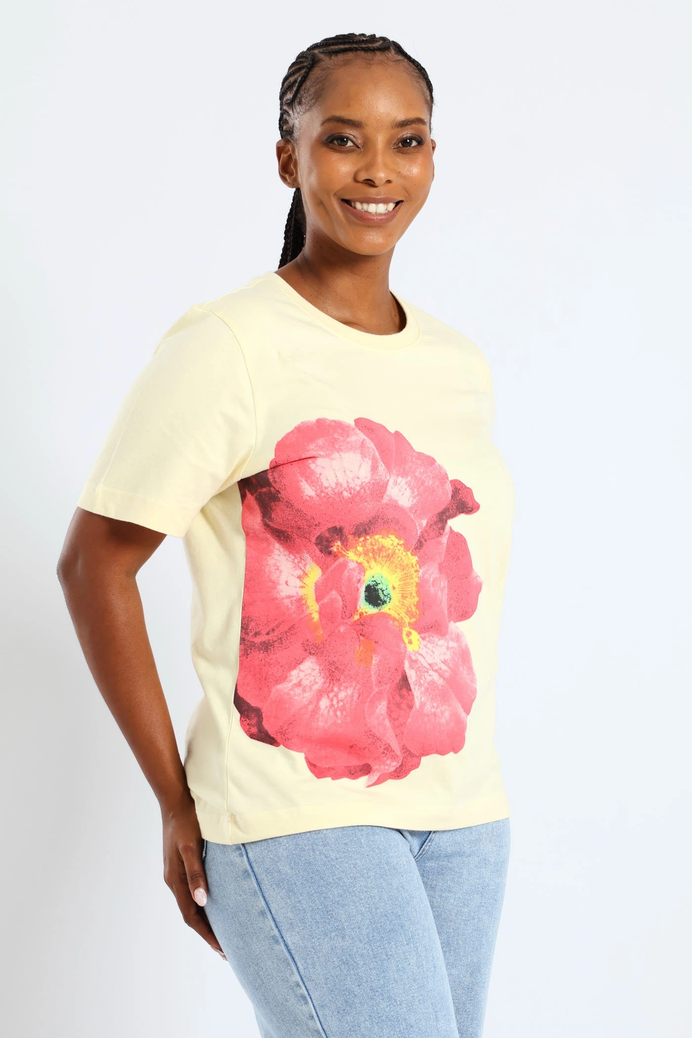 Short Sleeve Boxy Floral Placement Printed Tee  - Pastel Yellow UPF Protective Fabric Classic Style