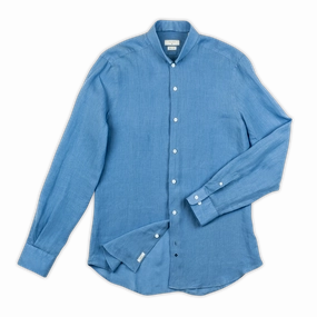 Conrad golden linen shirt (river blue) Distressed Hem Finish petite size