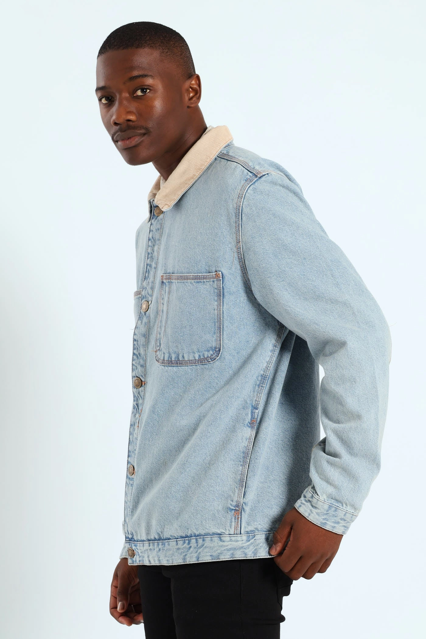 Solid Color Full Length Zipper Closure Denim Worker Jacket - Blue