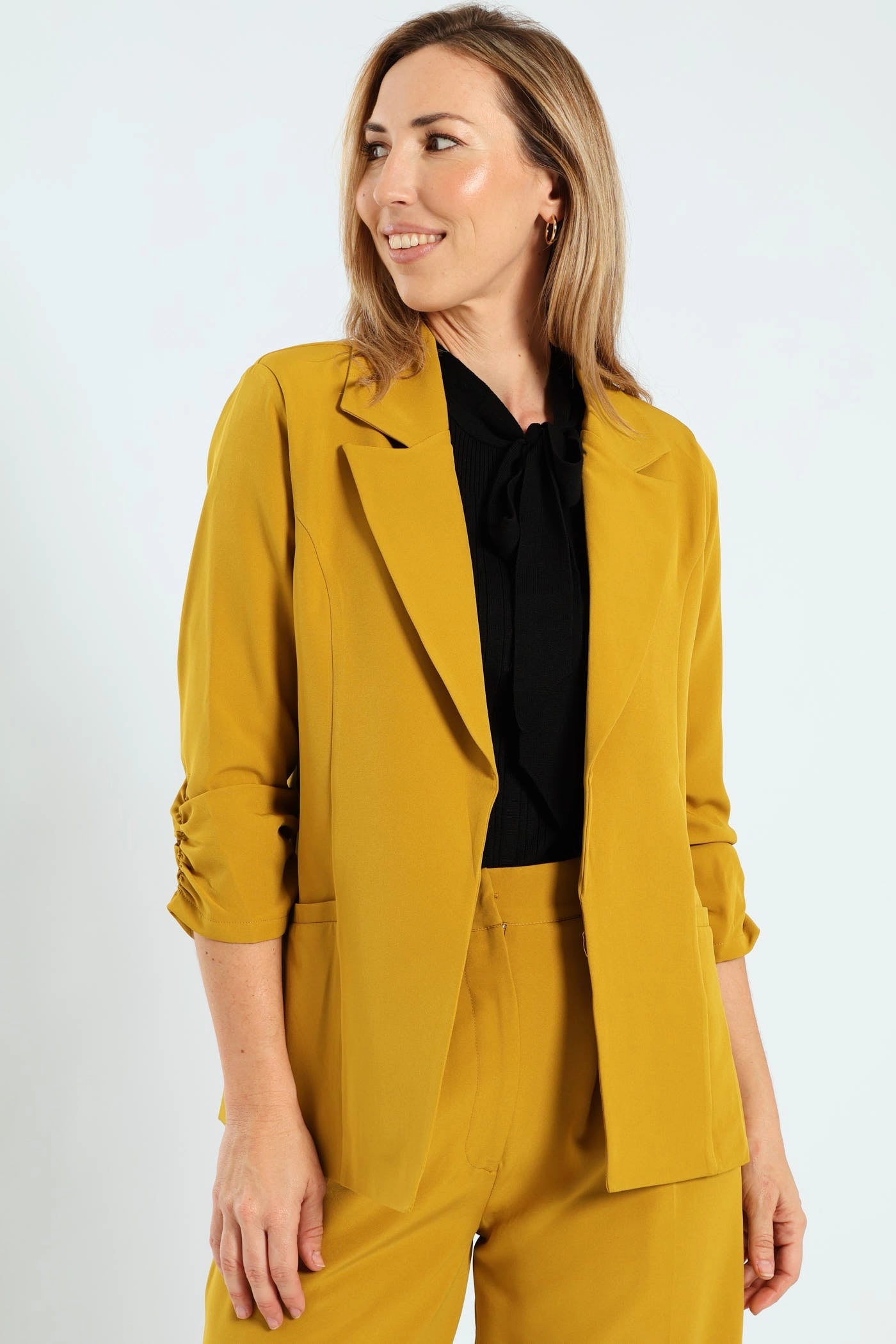 Notch Collar Gauged Sleeve Blazer - Mustard Lightweight Shell