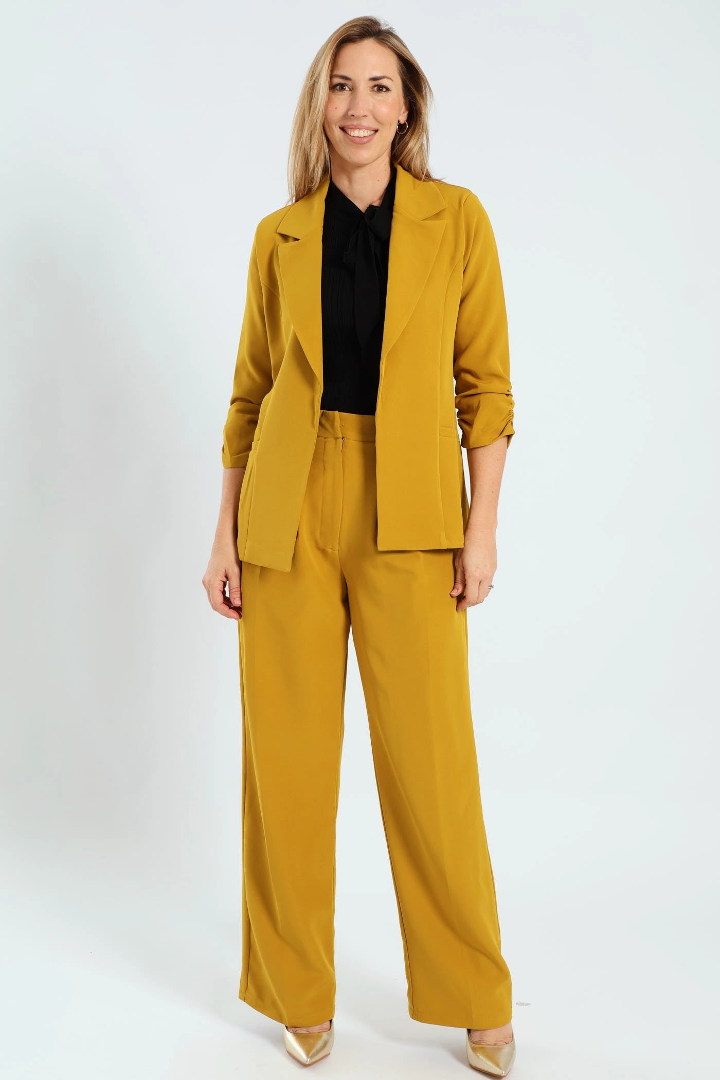 AntiStaticCoating Notch Collar Gauged Sleeve Blazer - Mustard