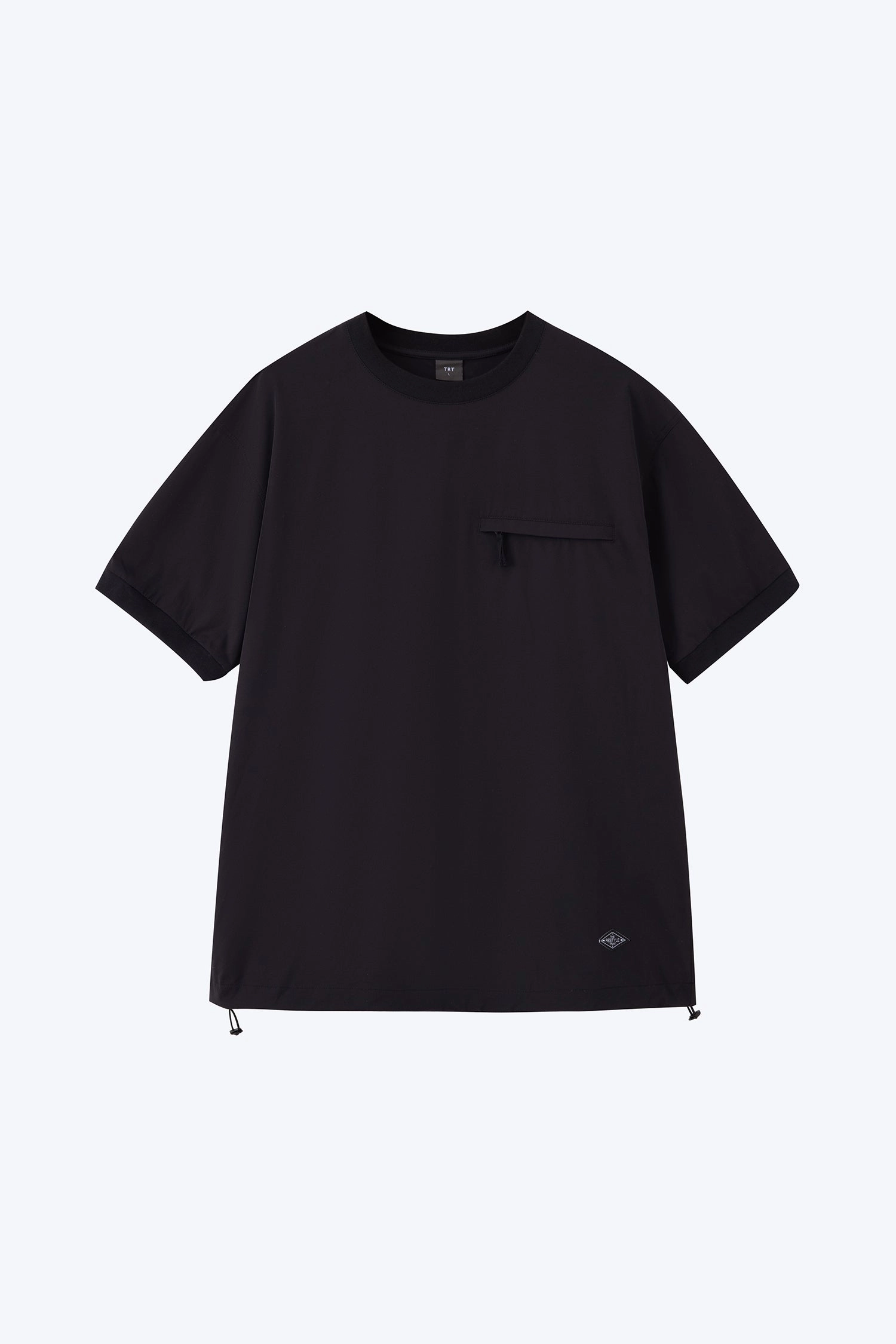 Bound Edges Nylon Drawstring Hem Welt Pocket Tee - Black
