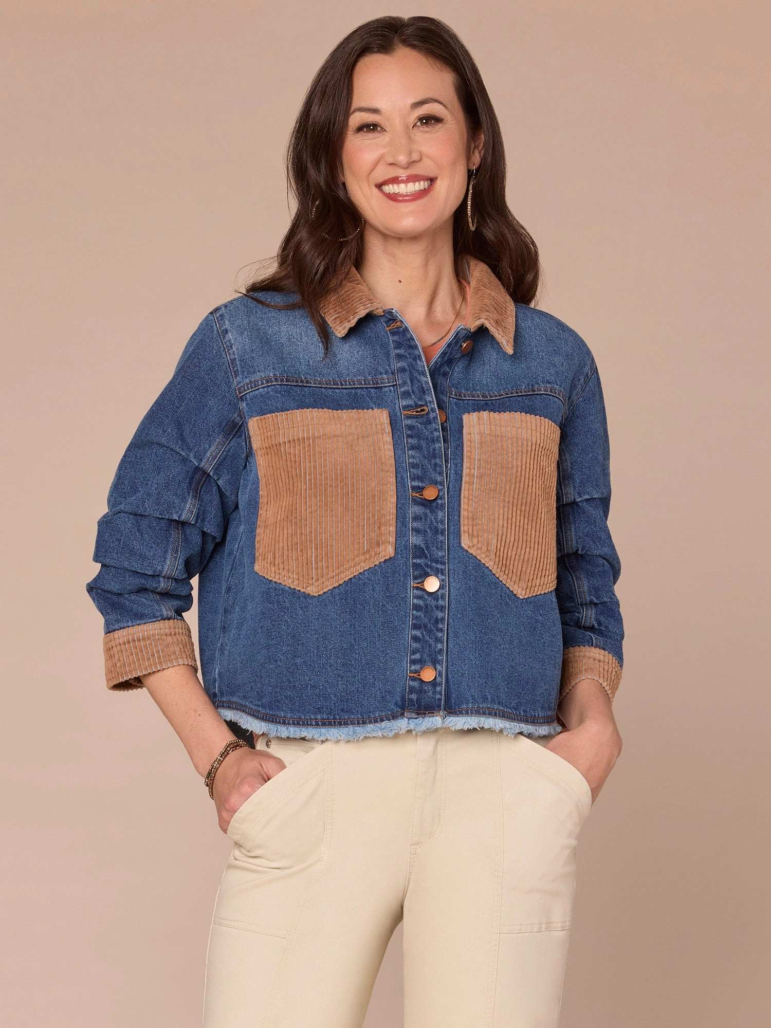 Ruched Sleeve Button Front Mixed Media Denim Jacket with Fray Hem Flexible Armholes Clean Outer