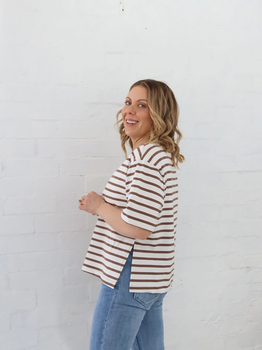 Antibacterial SlipResistant Sally Top- Mocha Stripe