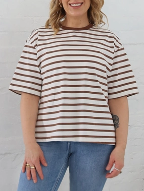 NonRestrictiveCut Sporty Cardigan Sally Top- Mocha Stripe