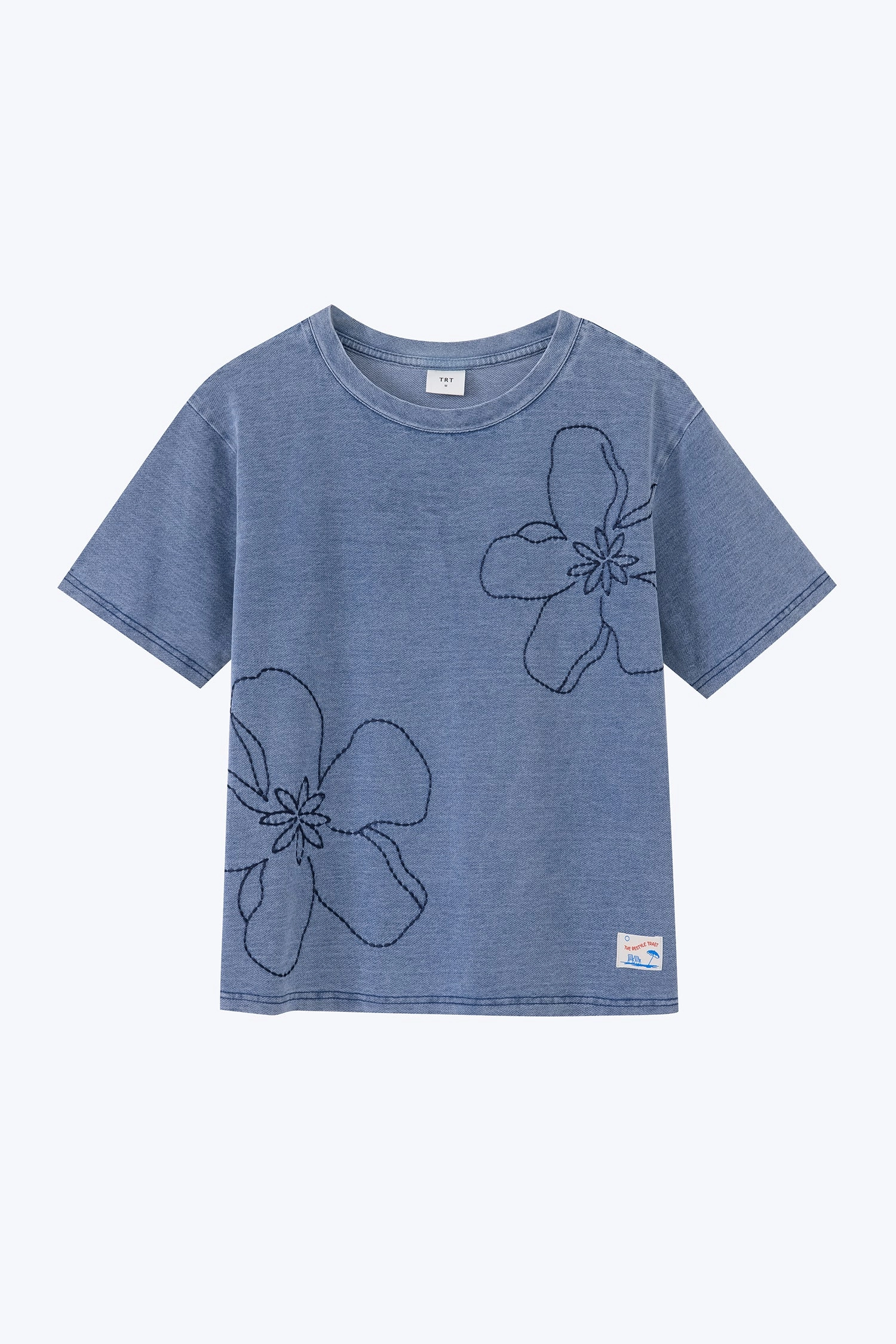 Garment Dyed Finish Elderly clothing Floral Embroidery Tee - Denim