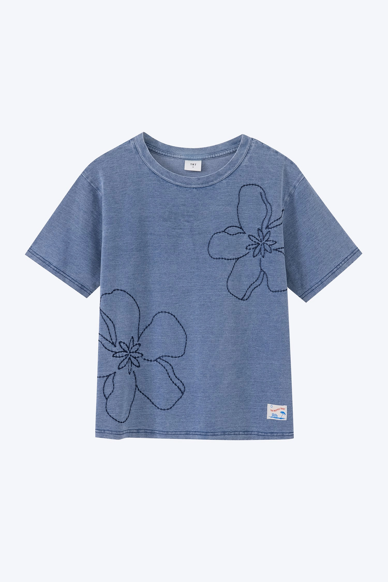 Floral Embroidery Tee - Denim Soft and Lightweight