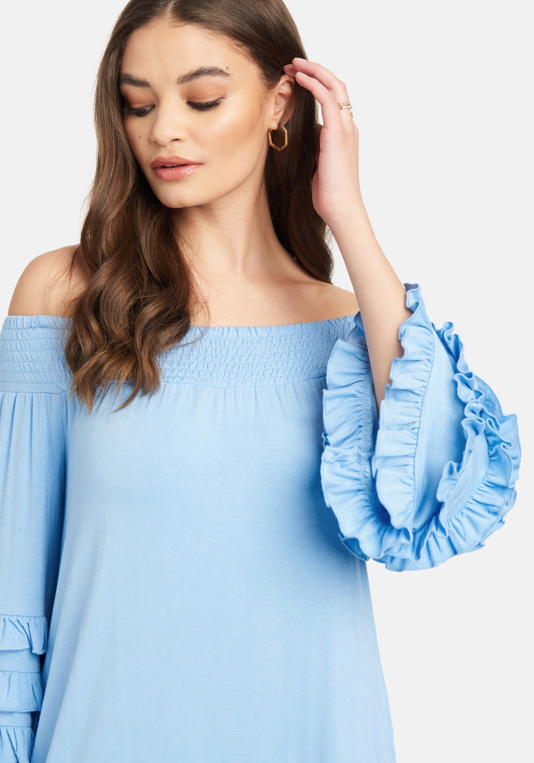 Functional Layer Off Shoulder Ruffle Smock Dress