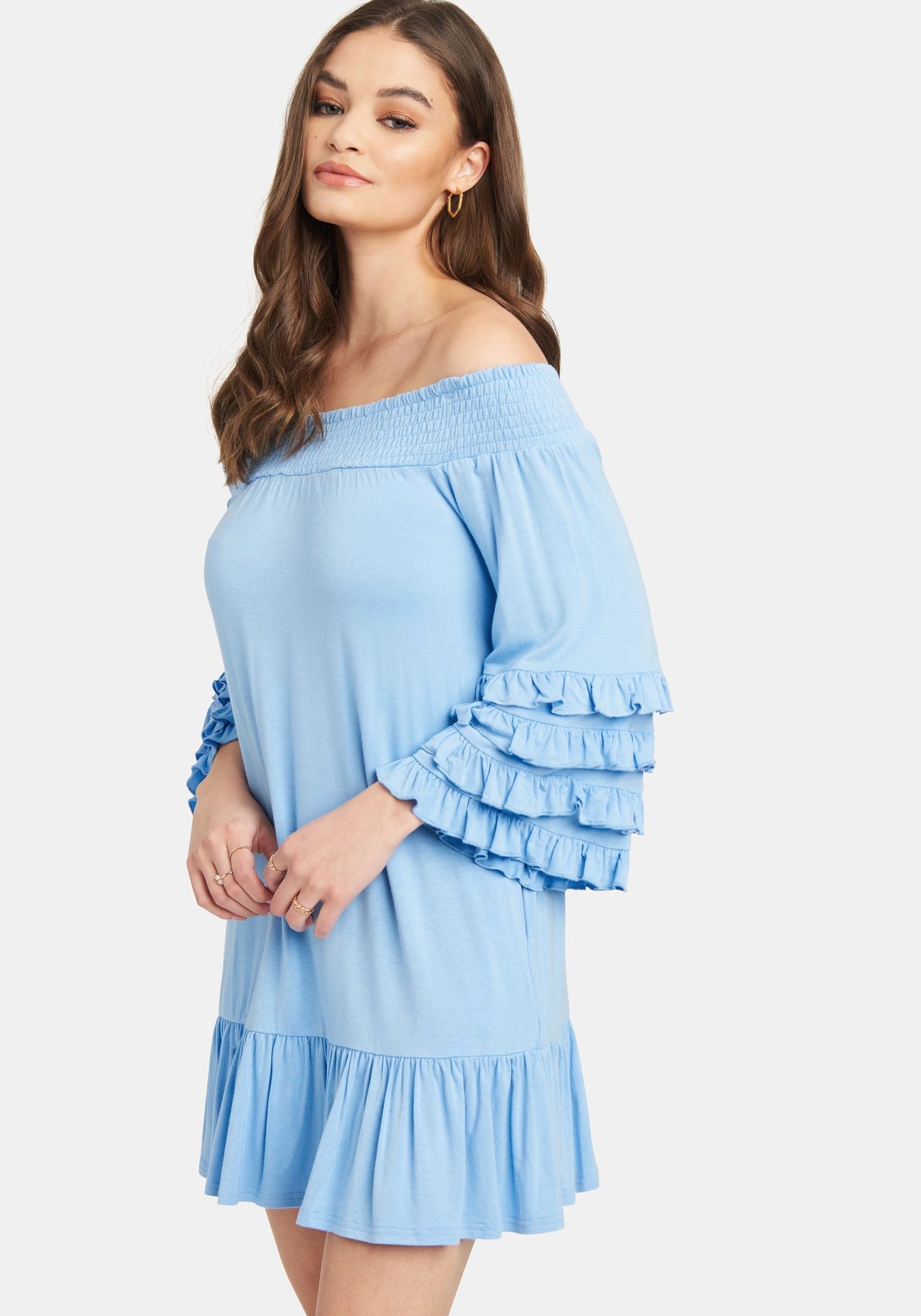 Reversible-Style Cool Fabric Off Shoulder Ruffle Smock Dress
