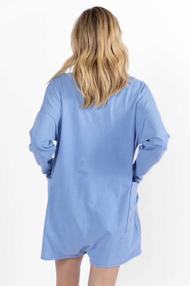 On A Daily Basis Indigo Deep V-Neck Pocketed Long Sleeve Romper FINAL SALE Practical work-to-play piece