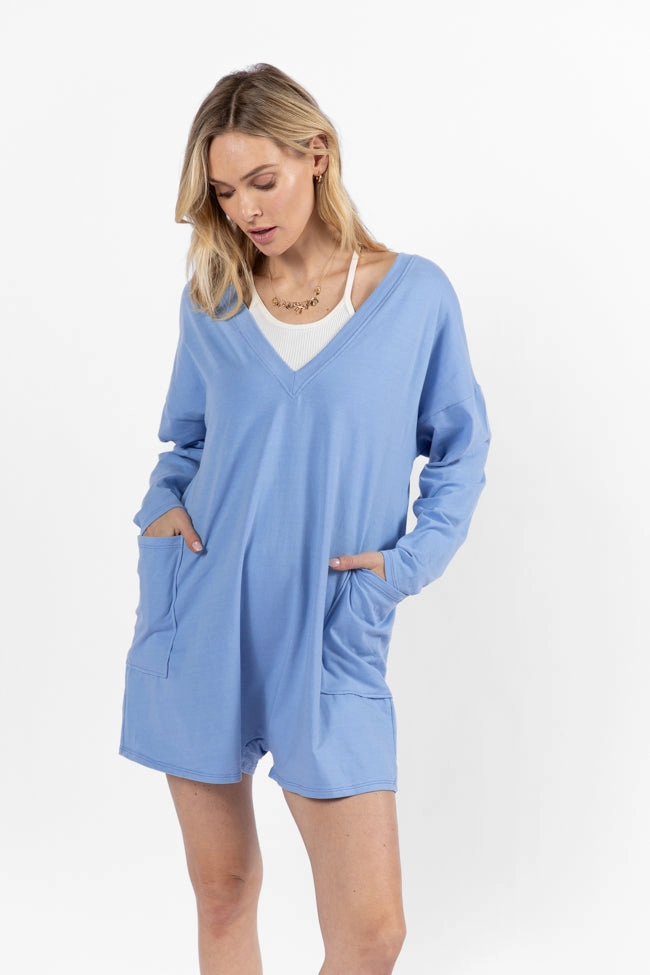 Inner Feel On A Daily Basis Indigo Deep V-Neck Pocketed Long Sleeve Romper FINAL SALE
