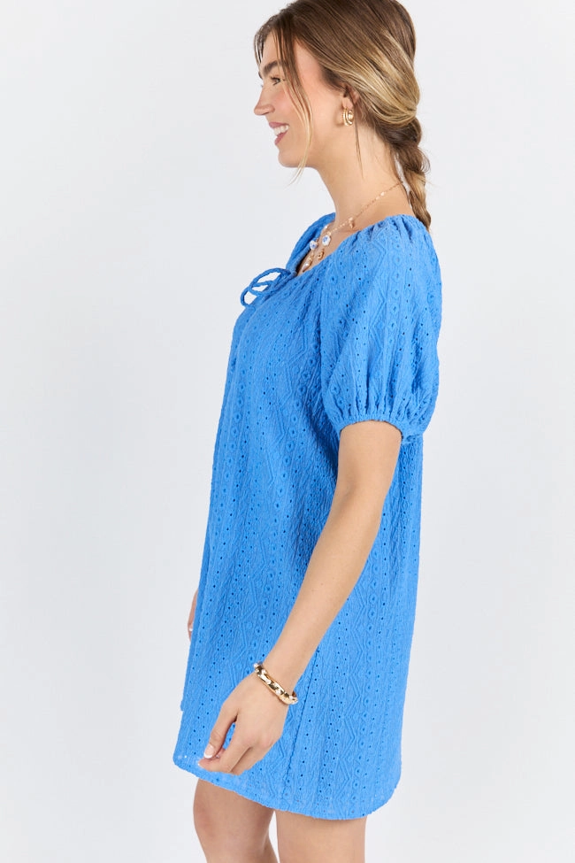 On A Whim Blue Knit Eyelet Short Sleeve Dress FINAL SALE Evening Glow Quick Outfit