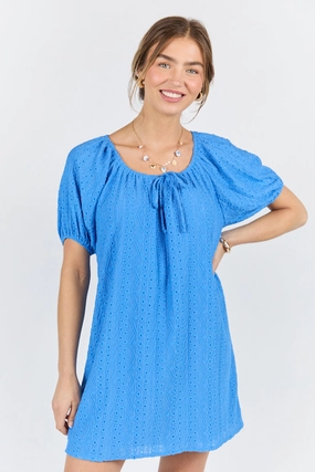 Bride Side Trendy Tailoring On A Whim Blue Knit Eyelet Short Sleeve Dress FINAL SALE