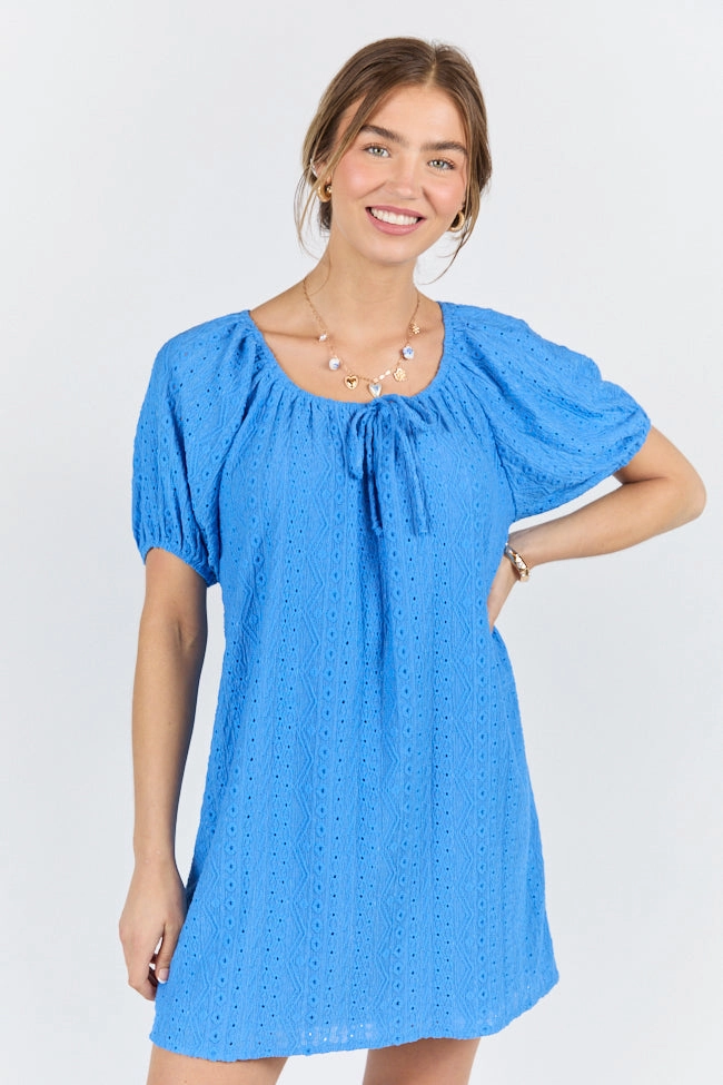 Bride Side Trendy Tailoring On A Whim Blue Knit Eyelet Short Sleeve Dress FINAL SALE