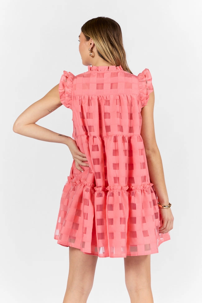 Jewel Tones Fitted Shape On The Line Coral Ruffle Shoulder Textured Mini Dress FINAL SALE