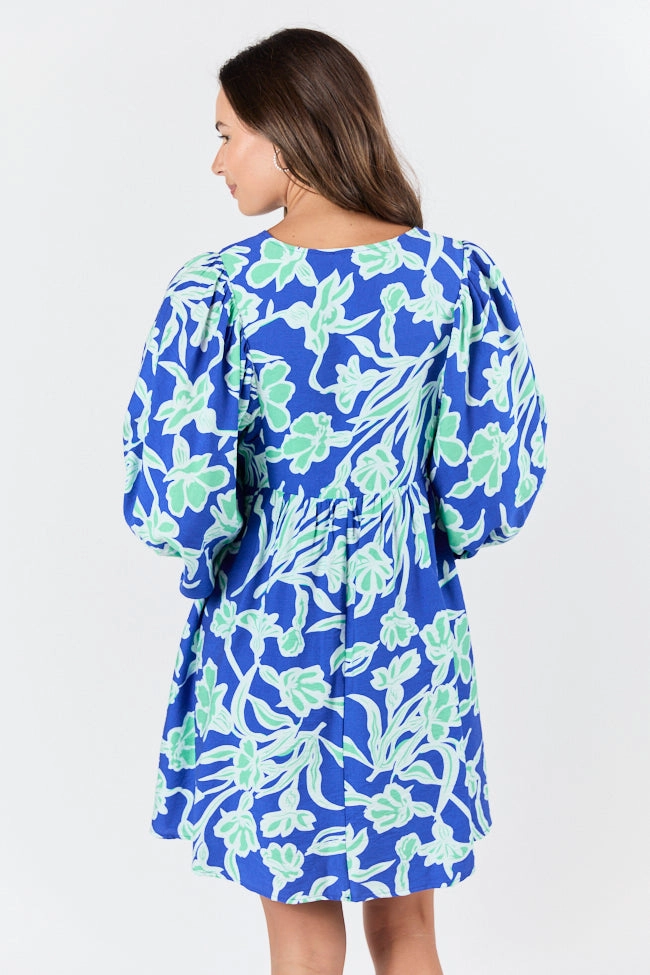 Keep The Flowers Blue and Green Floral Print Long Sleeve Mini Dress FINAL SALE Cool Drape Date-Night