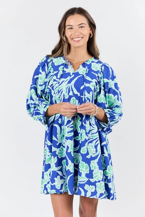 Balanced Light Keep The Flowers Blue and Green Floral Print Long Sleeve Mini Dress FINAL SALE
