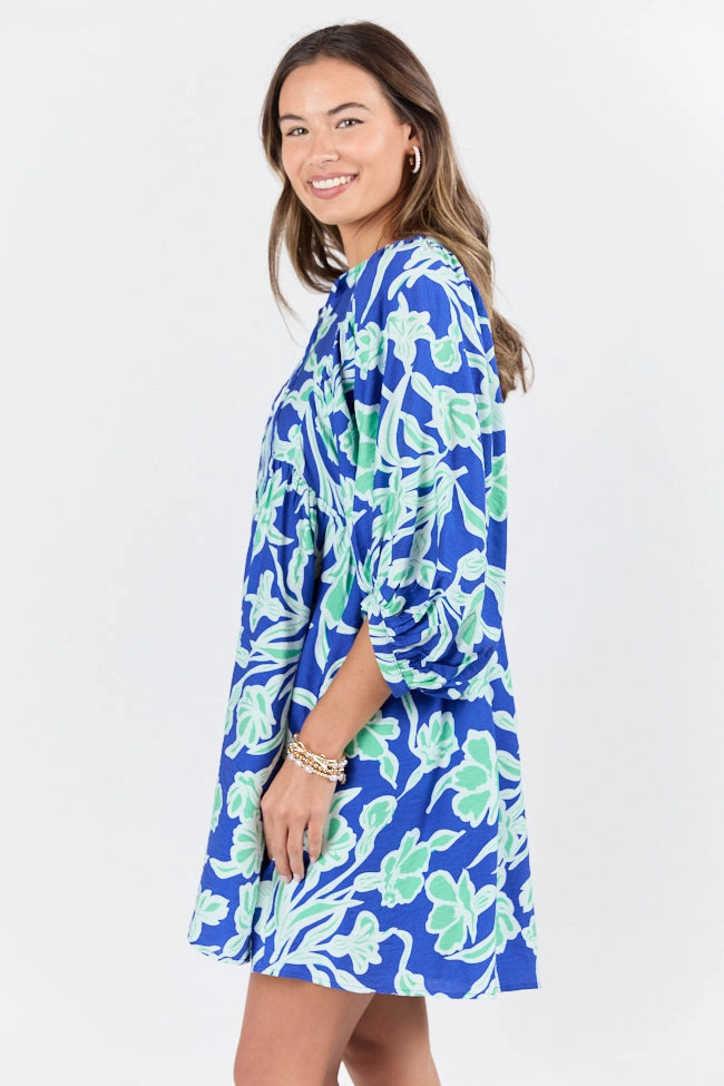 Keep The Flowers Blue and Green Floral Print Long Sleeve Mini Dress FINAL SALE Handmade Balanced Look