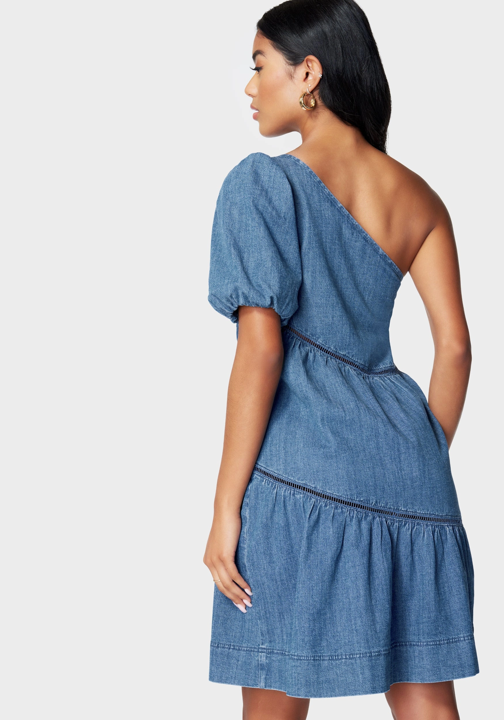 Polite Vibe Knit Warm One Shoulder Asymmetric A Line Denim Dress