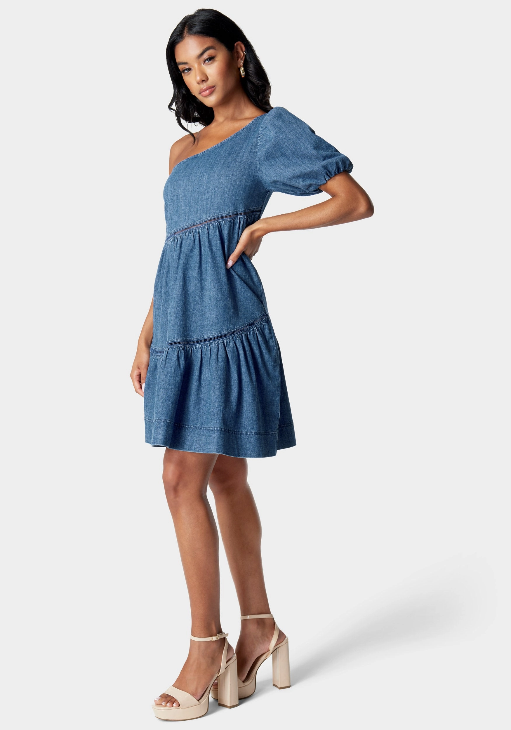 Cool Form breathable-mesh One Shoulder Asymmetric A Line Denim Dress