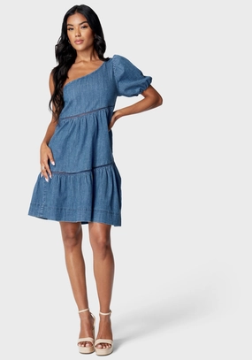 One Shoulder Asymmetric A Line Denim Dress Water-resistant