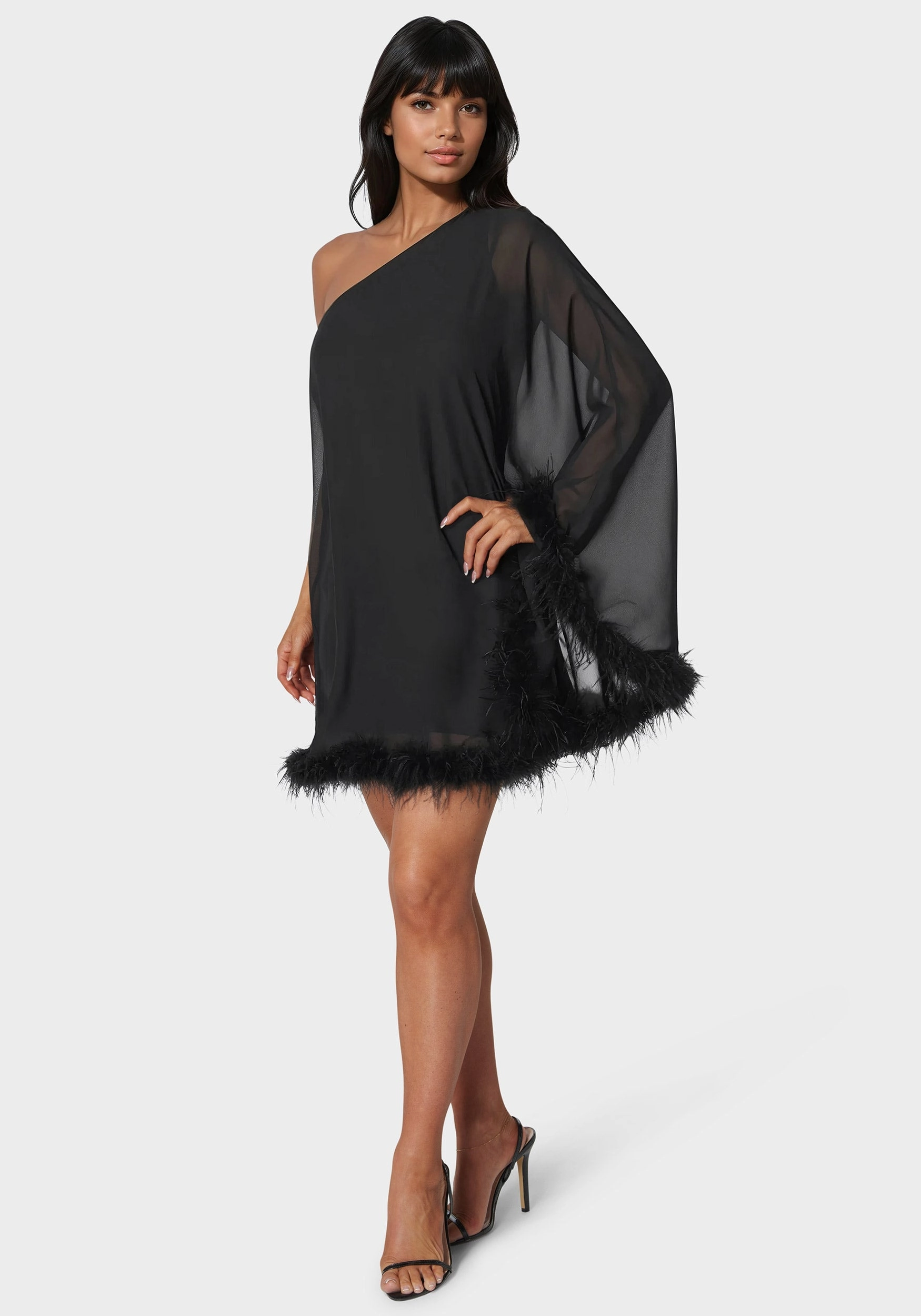 One Shoulder Feather Cape Dress Elegant Charm