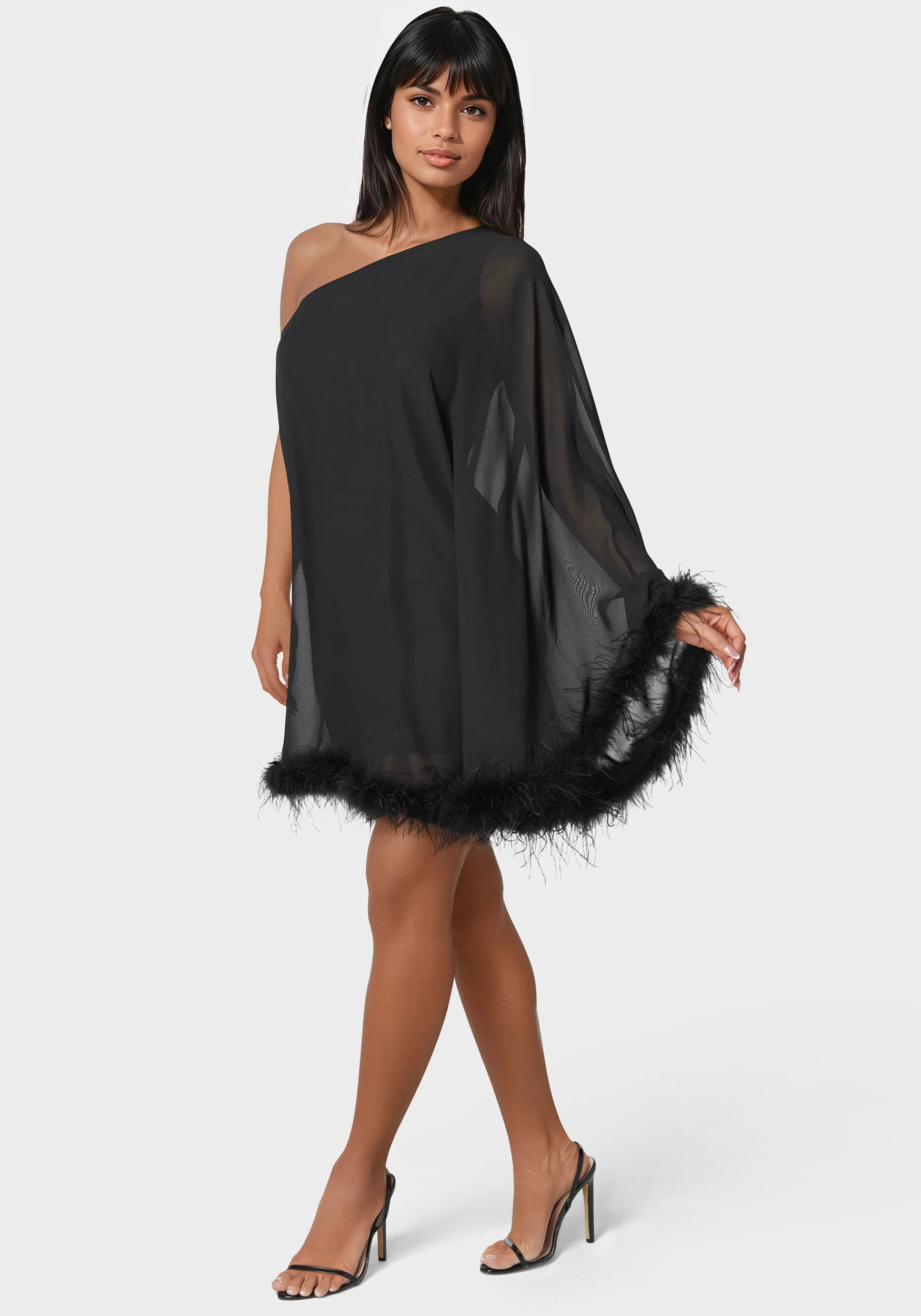 One Shoulder Feather Cape Dress Comfortable office piece Easy Wrap