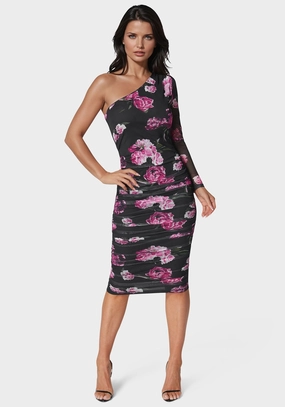 Draped Silhouette Ruffle-Detail One Shoulder Ruched Midi Dress