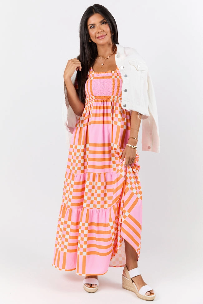 Perfect Fit Look Get The Check Pink and Orange Printed Checkered Maxi Dress SALE