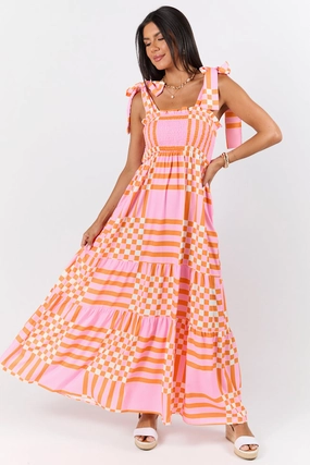 Smile Feel Get The Check Pink and Orange Printed Checkered Maxi Dress SALE