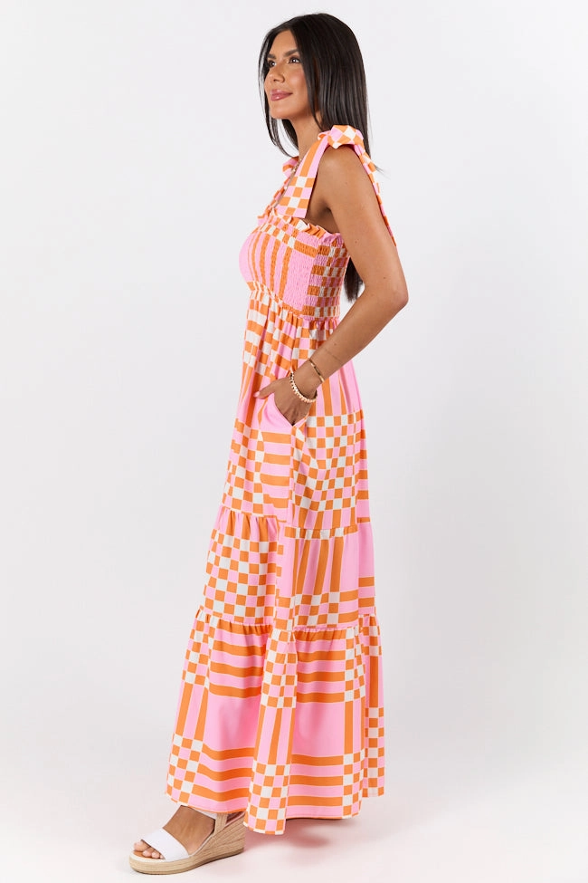 Basic Cool Get The Check Pink and Orange Printed Checkered Maxi Dress SALE