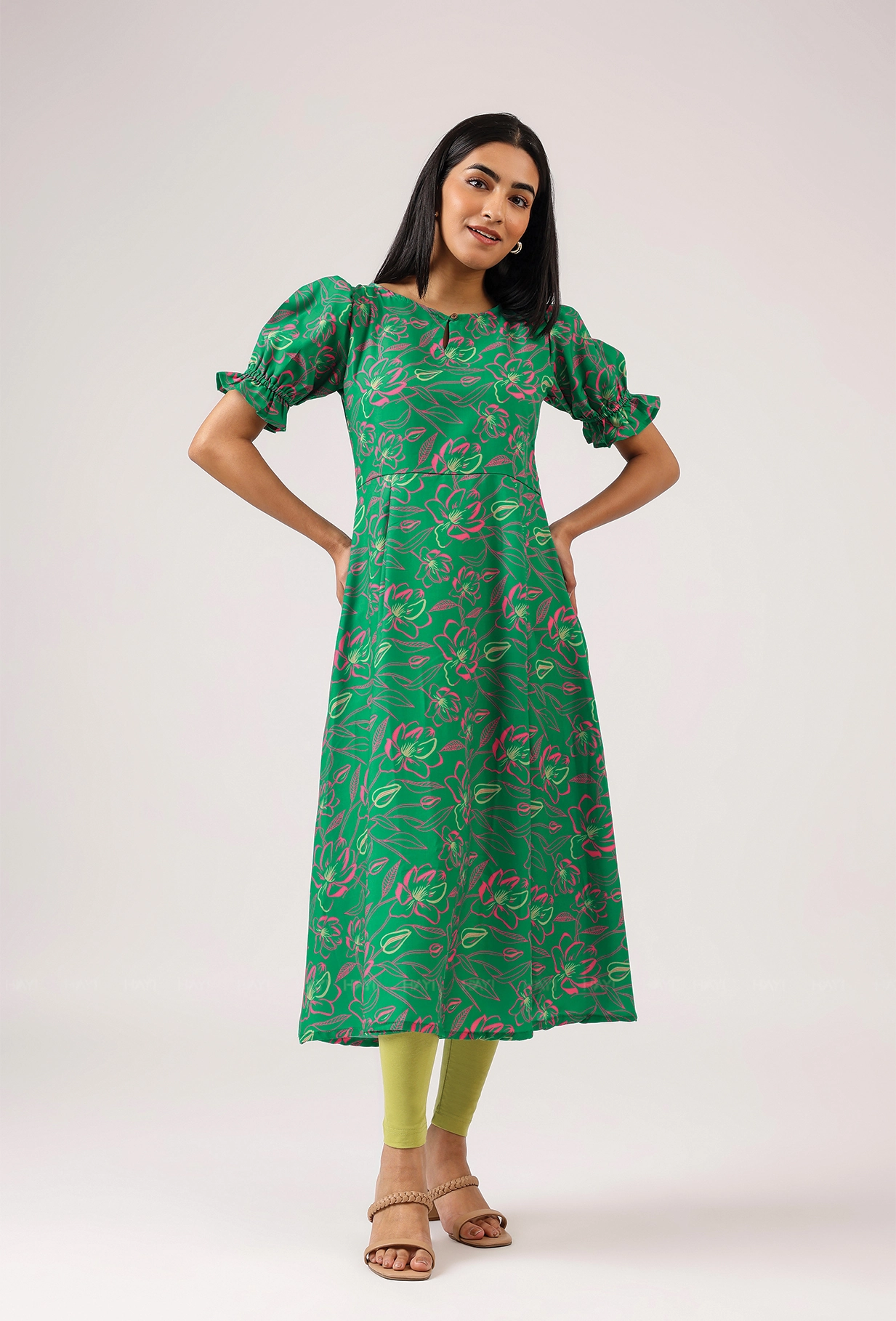 Boat-Neck Sleek Vibe Ornate Green with Luminous Glimmer printed Cambric Blend Dress