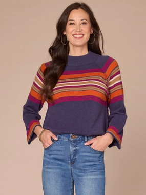 Comfy Essentials Long Cuffed Sleeve Mock Neck Bubble Hem Placement Stripe Sweater