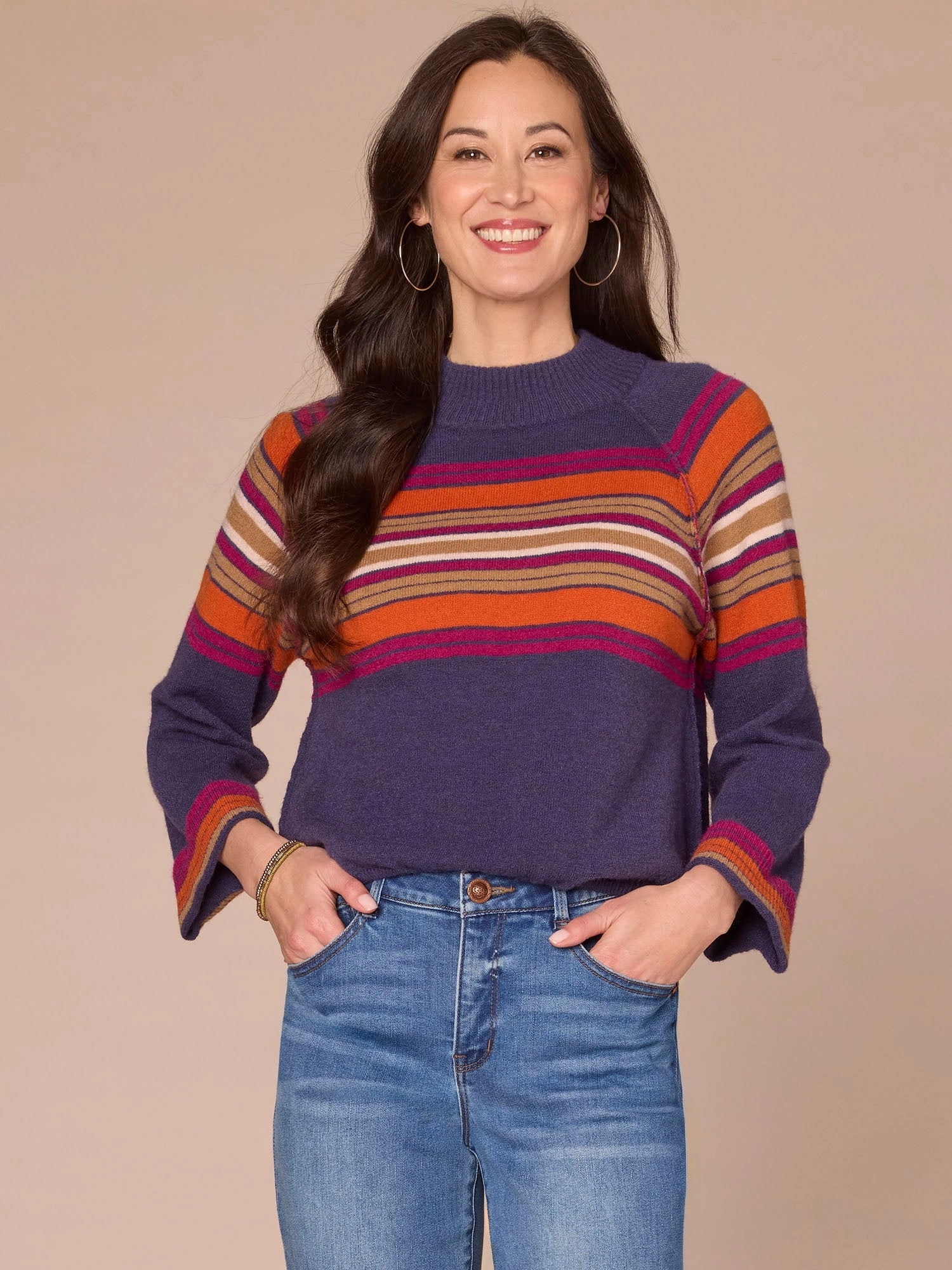 Warm Hug Chill Comfort Long Cuffed Sleeve Mock Neck Bubble Hem Placement Stripe Sweater