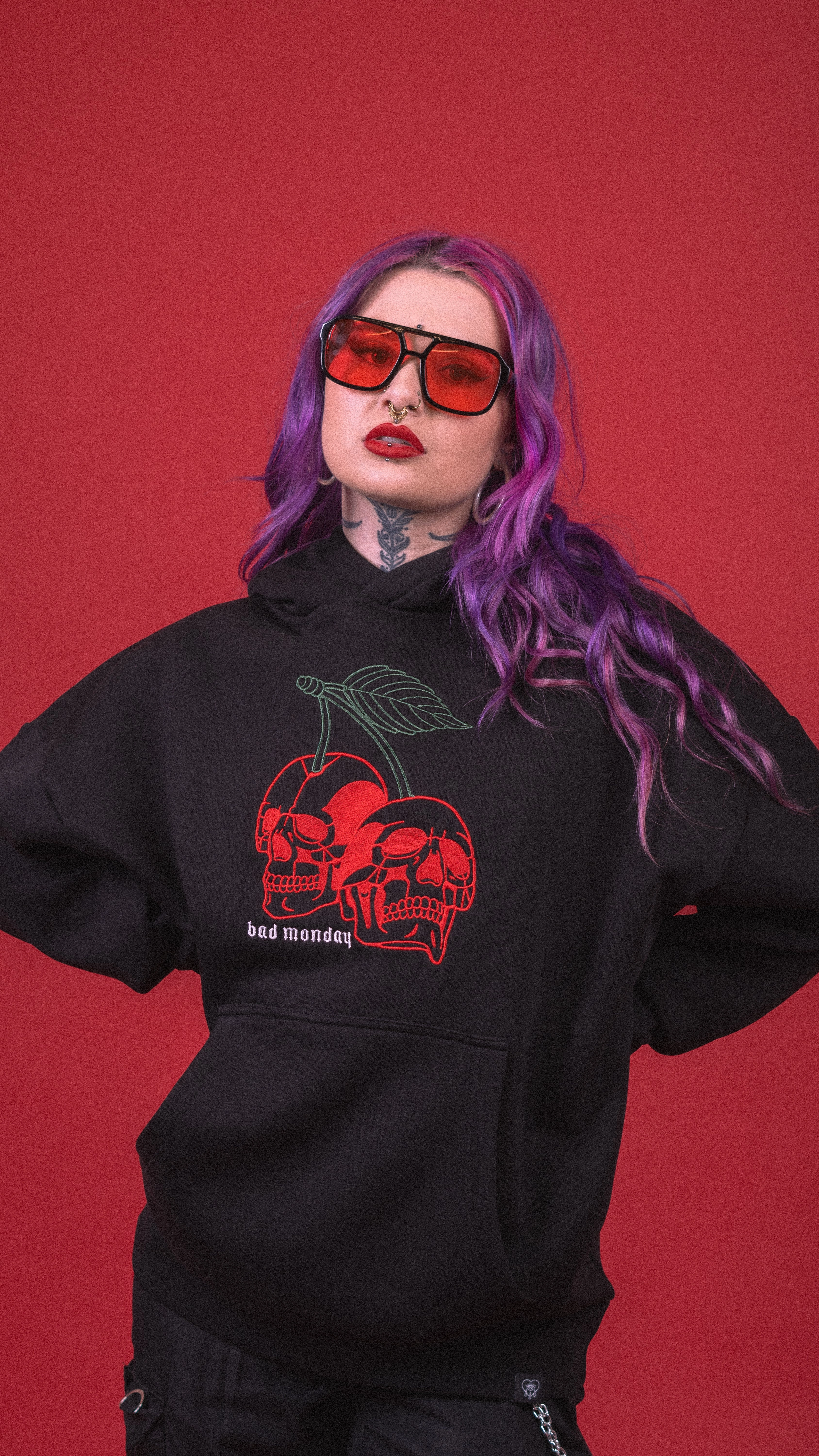 OdorControl Treatment Quilted Stitching Oversized Cherry Skull Hoodie