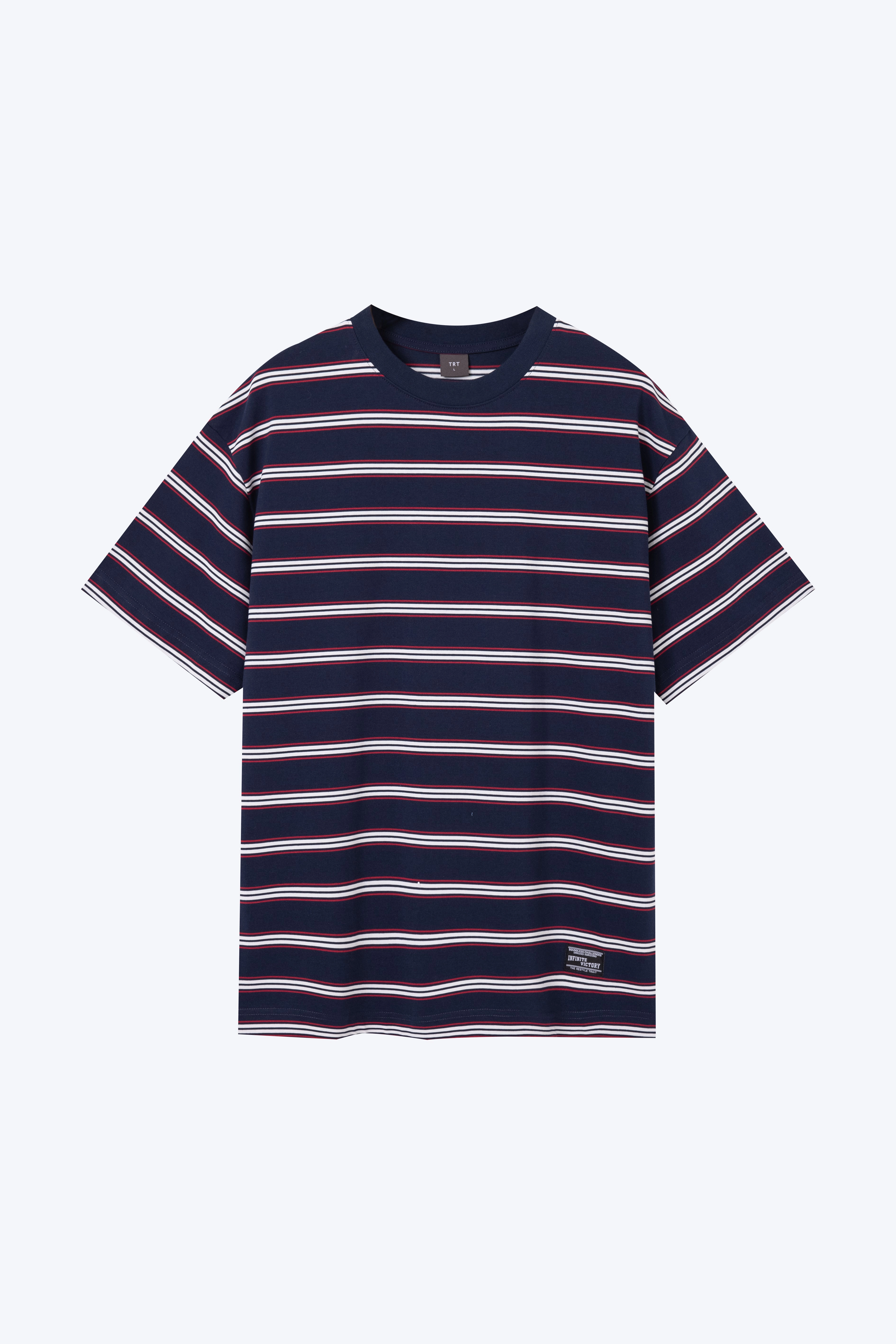 Oversized Collegiate Striped Tee - Navy Stripes Contrast Stitch Detail VersatileNeckline