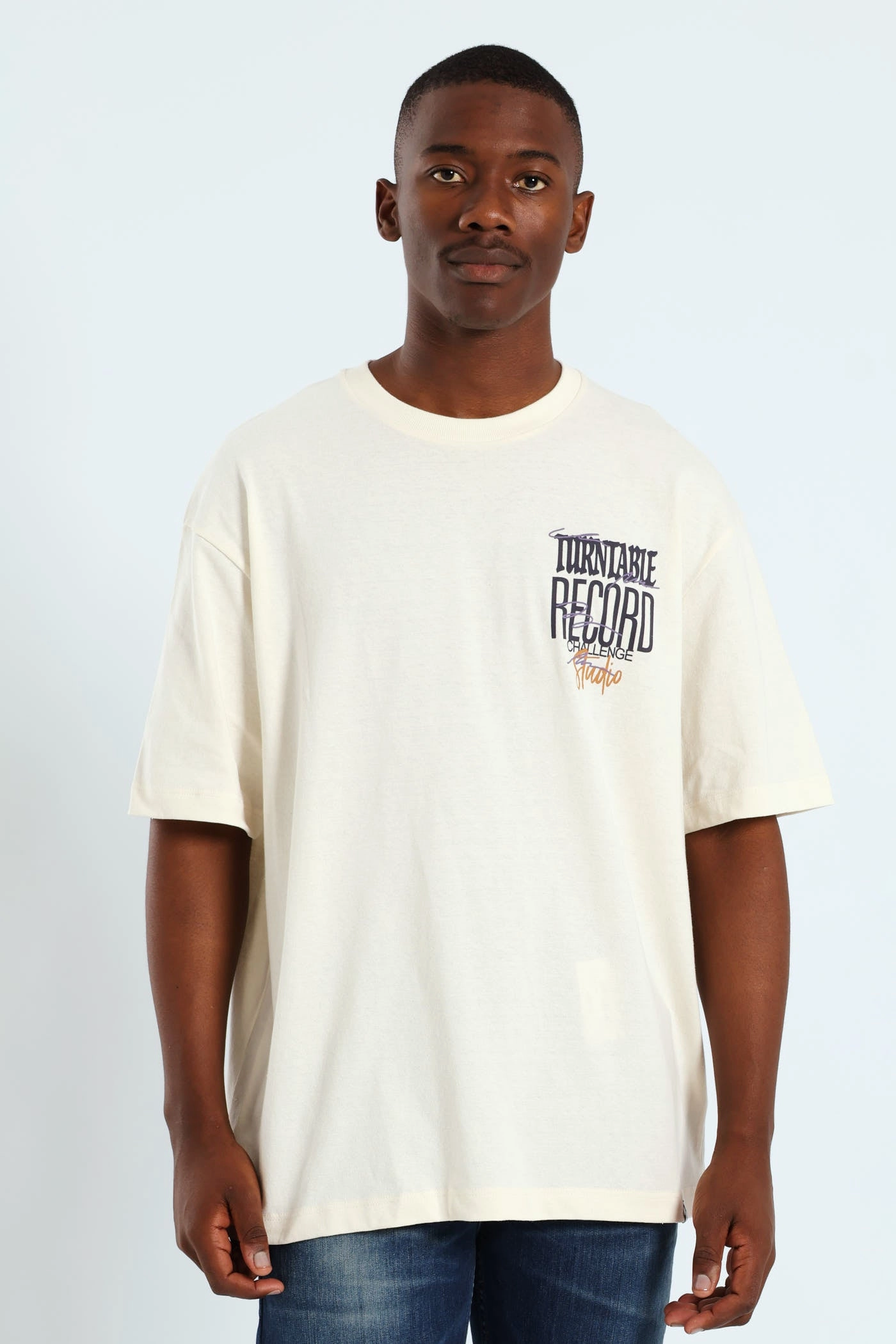Oversized Record Print Front & Back Tee - Stone Quality Comfort