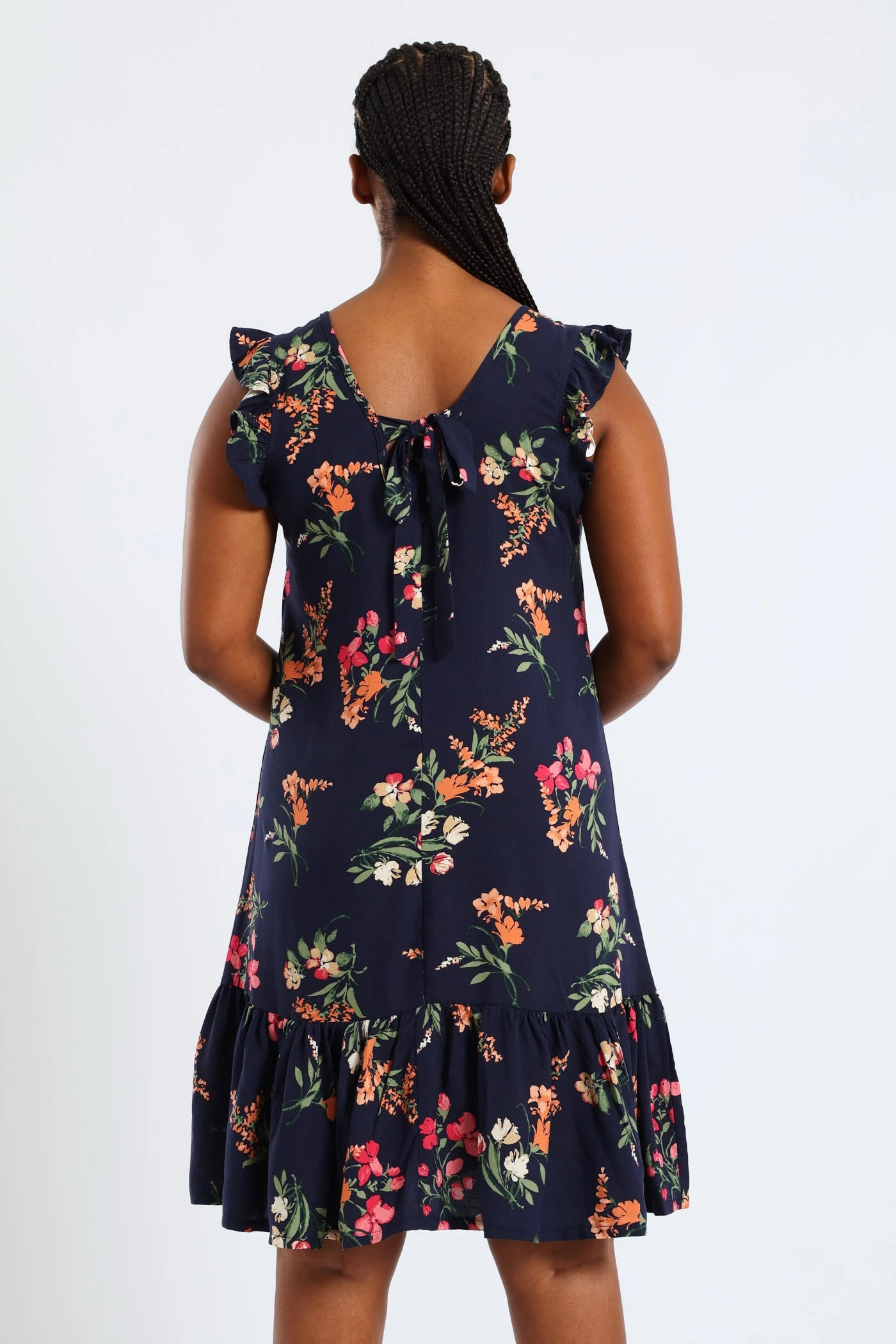 V-Neck Frill Sleeve Drop Hem Printed Mini Dress - Navy Perfect for Layering