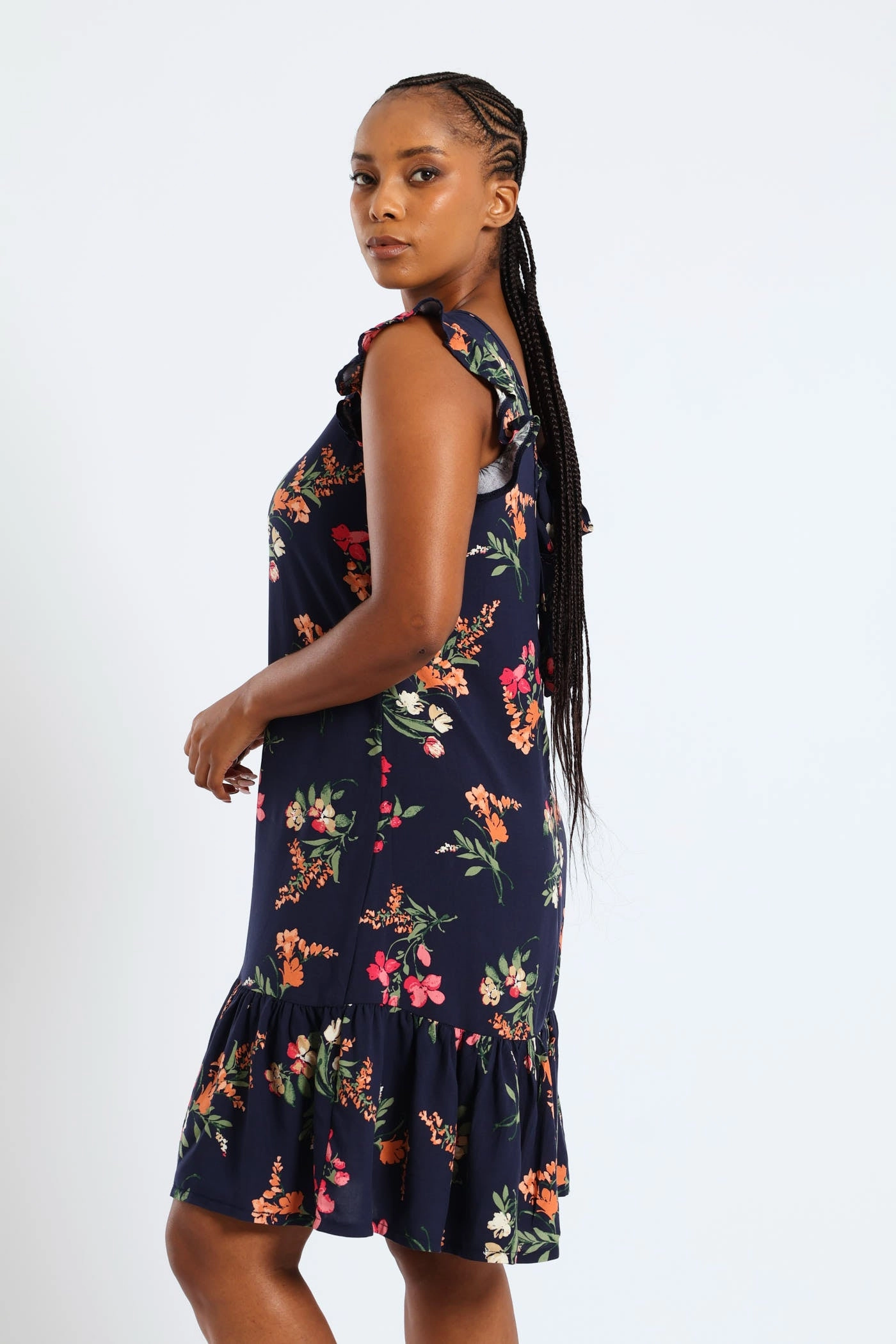 Petite-Size V-Neck Frill Sleeve Drop Hem Printed Mini Dress - Navy