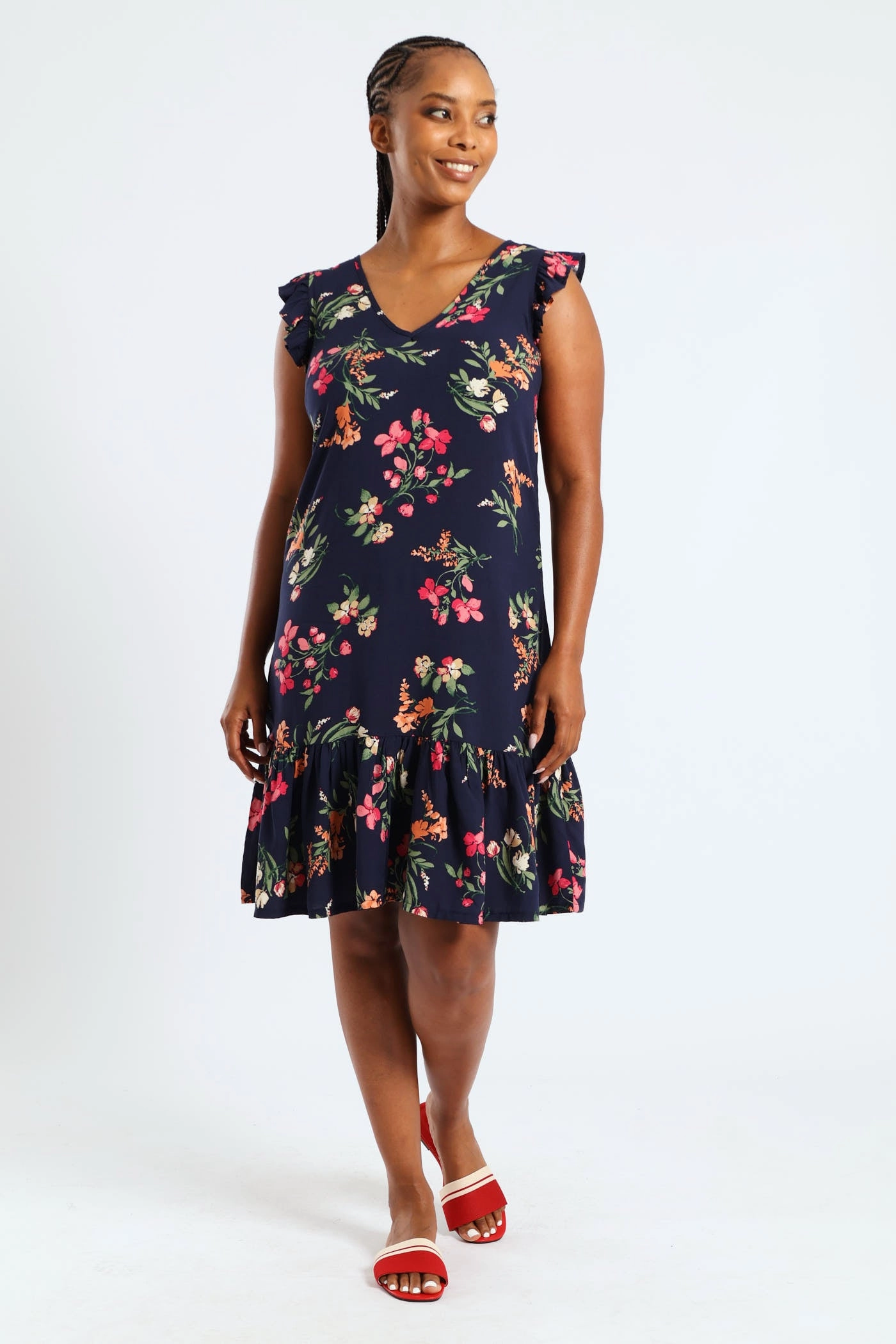 Satin-Finish V-Neck Frill Sleeve Drop Hem Printed Mini Dress - Navy