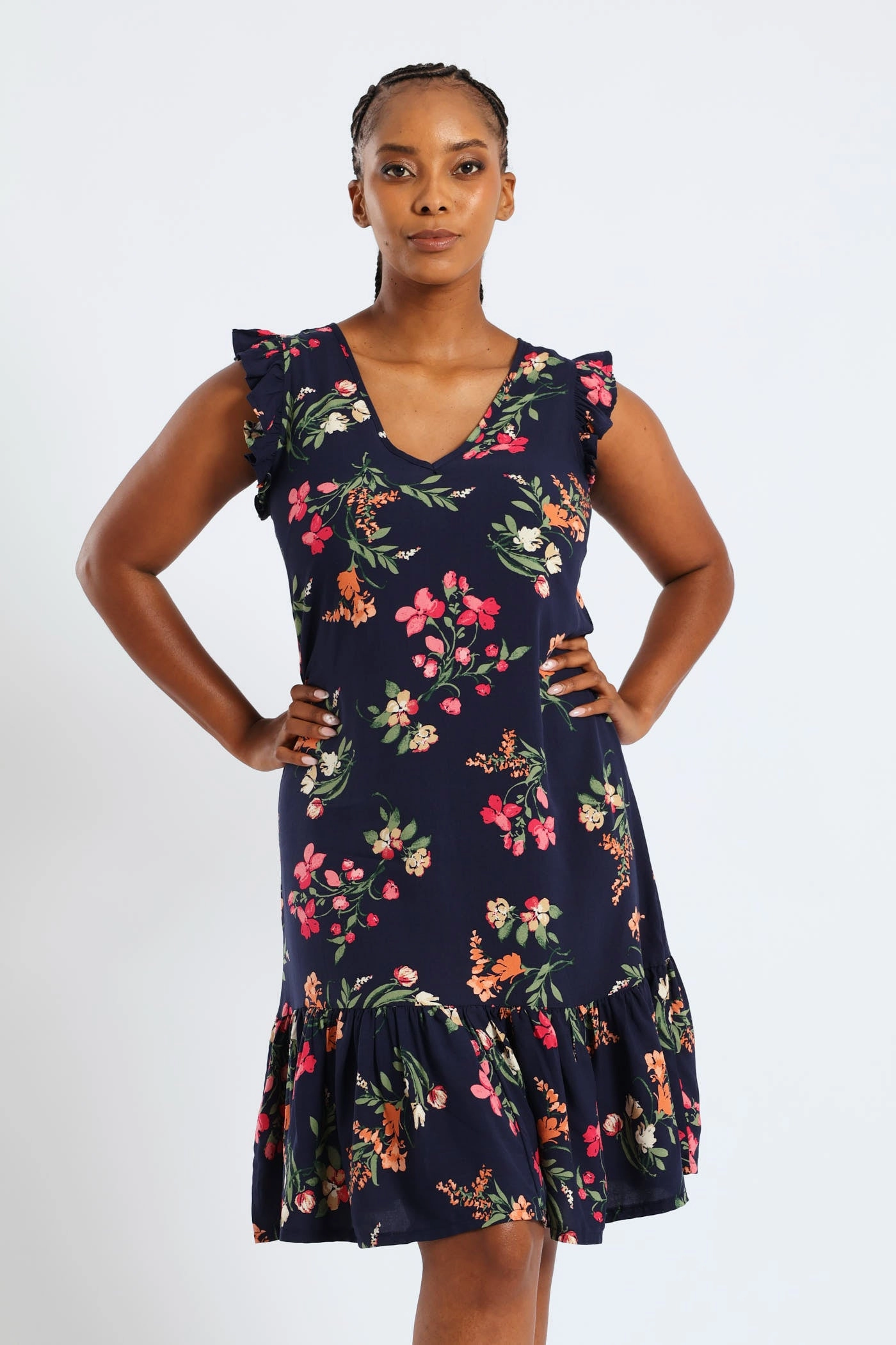 Comfortable Touch MoistureWickingTechnology V-Neck Frill Sleeve Drop Hem Printed Mini Dress - Navy