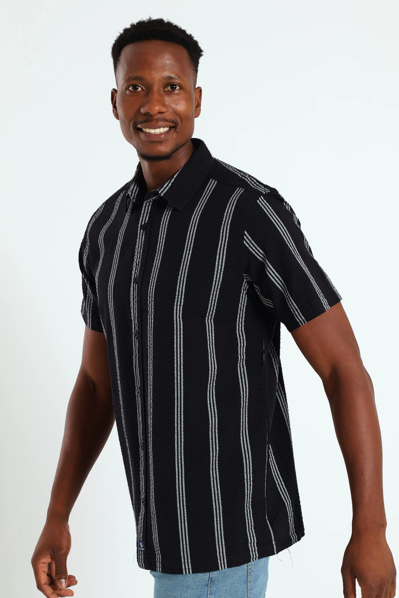 Seersucke Regular Collar Stripe Shirt - Black/White Subtle Print