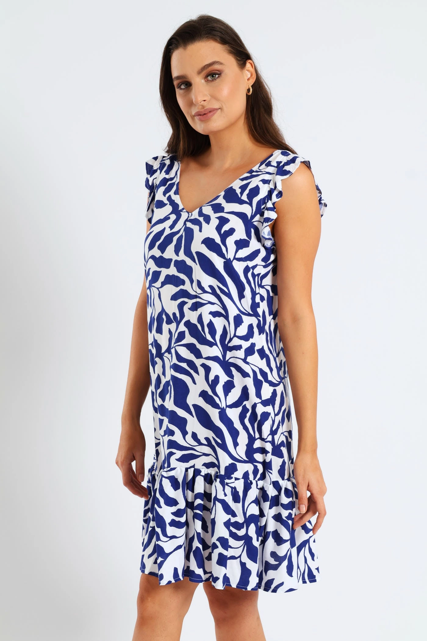 Work Ease Travel Staple V-Neck Frill Sleeve Drop Hem Tie Detail Printed Mini Dress - Navy/White