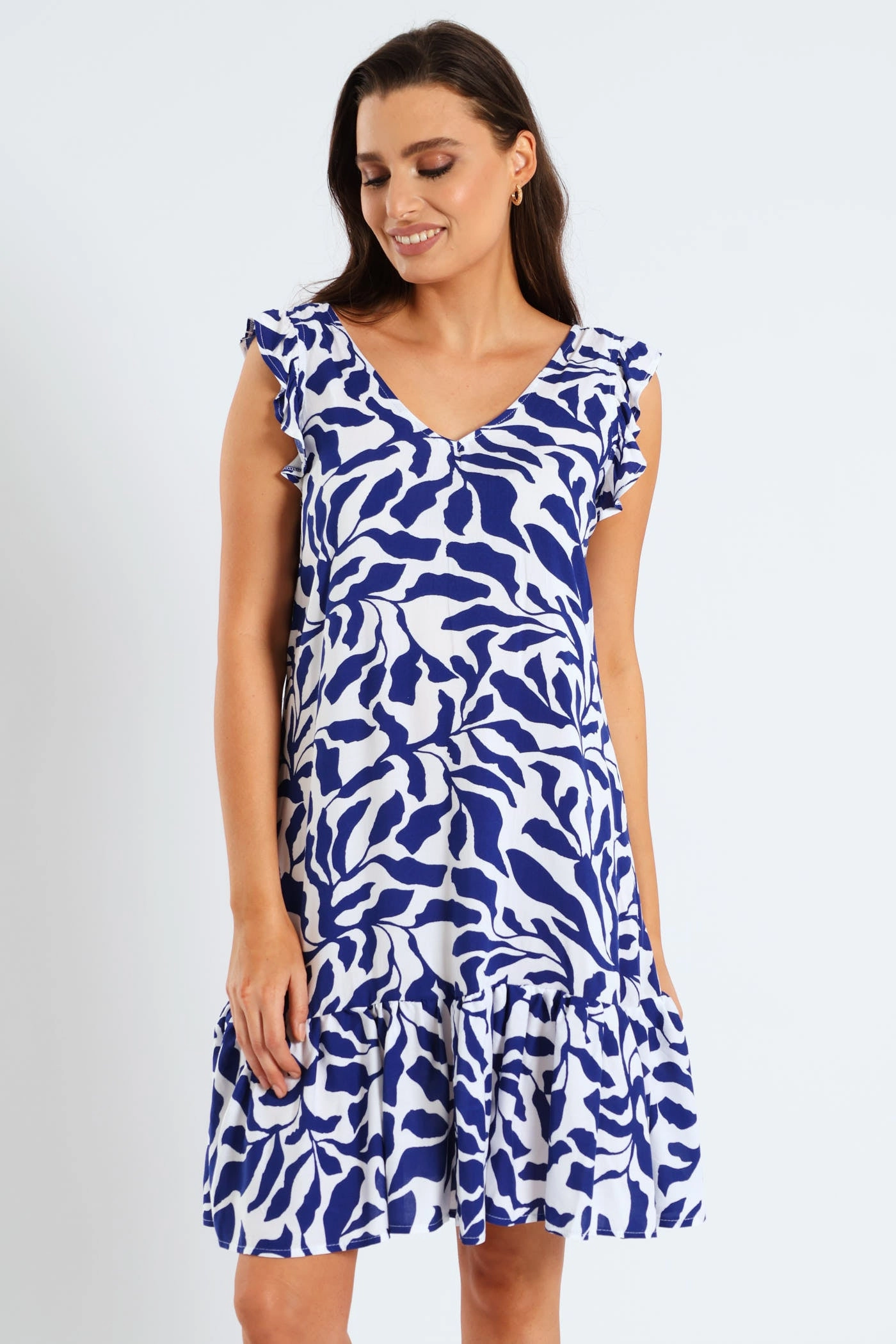 V-Neck Frill Sleeve Drop Hem Tie Detail Printed Mini Dress - Navy/White Travel Comfort Signature-Style