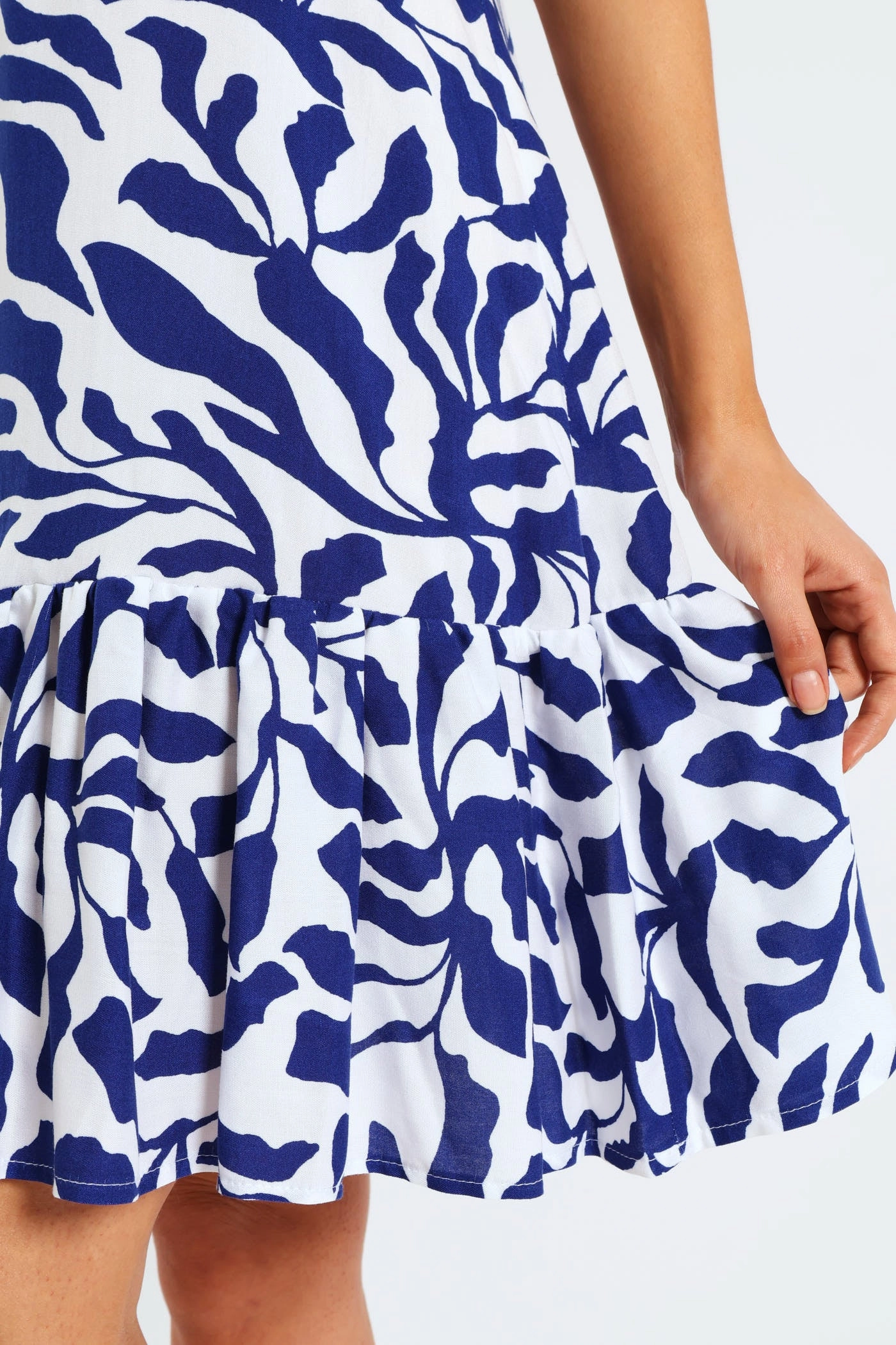 V-Neck Frill Sleeve Drop Hem Tie Detail Printed Mini Dress - Navy/White Sunny Lace