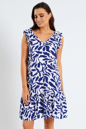 V-Neck Frill Sleeve Drop Hem Tie Detail Printed Mini Dress - Navy/White Travel Comfort Signature-Style