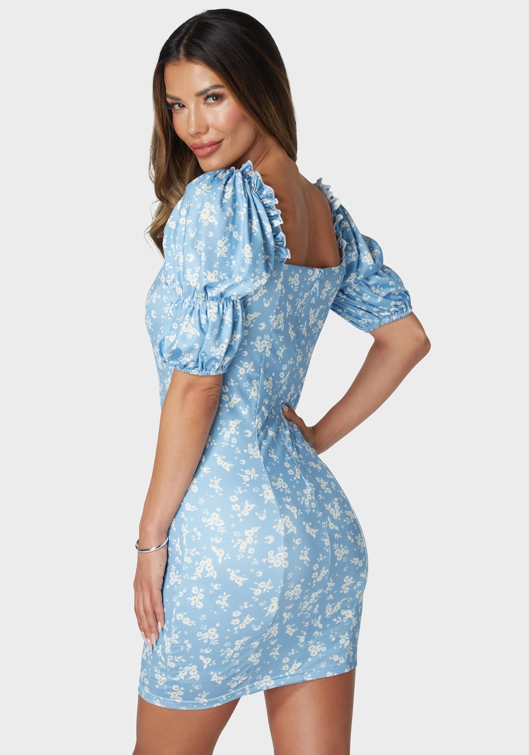 Printed Puff Sleeve Plunge Neck Dress Autumn Ready Cocktail Ready