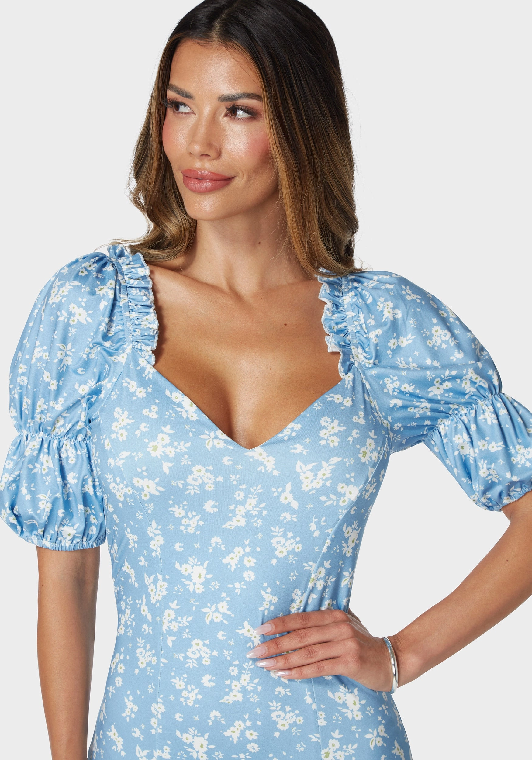 Printed Puff Sleeve Plunge Neck Dress Daytime Mood