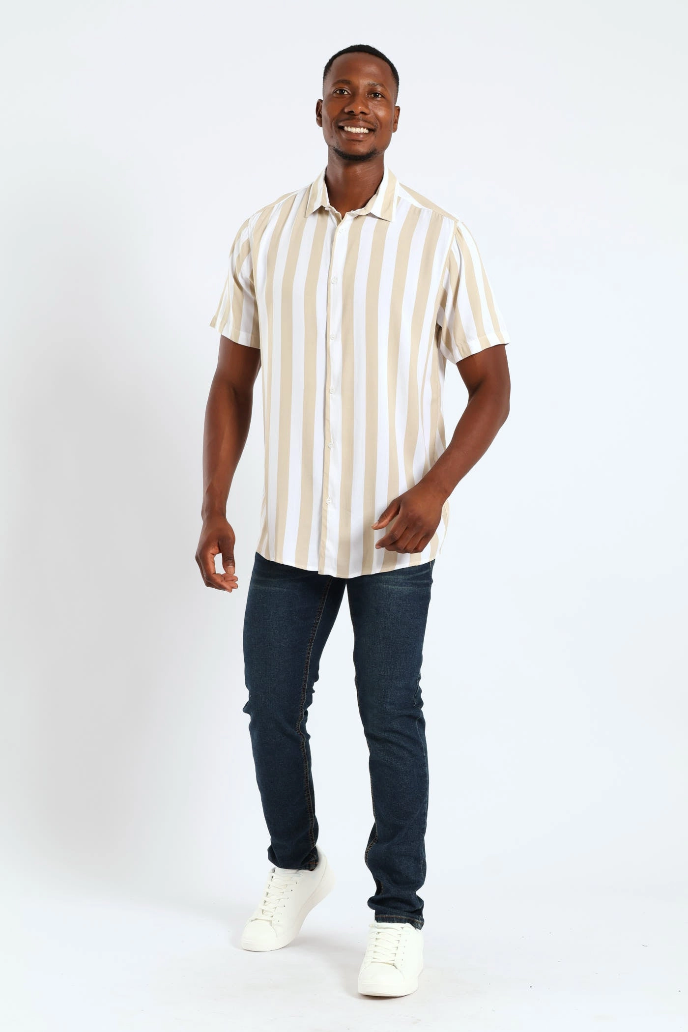 Short Sleeve Viscose Stripe Regular Shirt - Stone Chambray Fabric