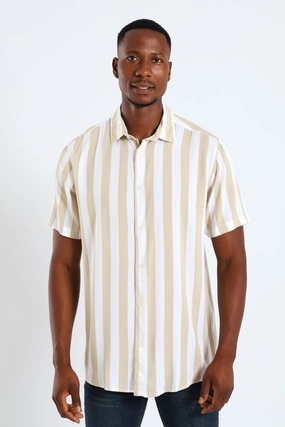 Lightweight texture All-Purpose Wear Short Sleeve Viscose Stripe Regular Shirt - Stone